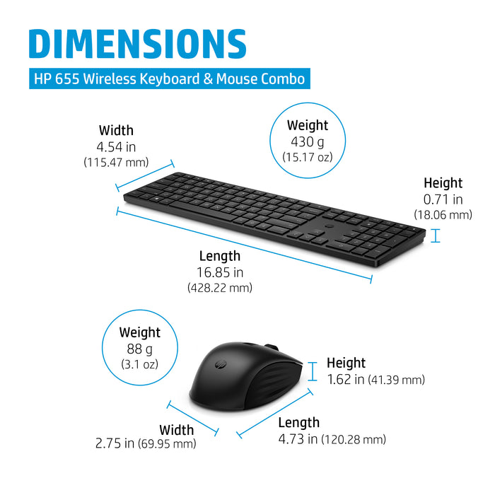 HP 655 Wireless Keyboard and Mouse Combo, Full-size (100%), Wireless, RF Wireless, Membrane, Black, Mouse included
