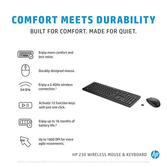 HP 230 Wireless Mouse and Keyboard Combo, Full-size, Wireless, RF Wireless, Membrane, Black, Mouse included