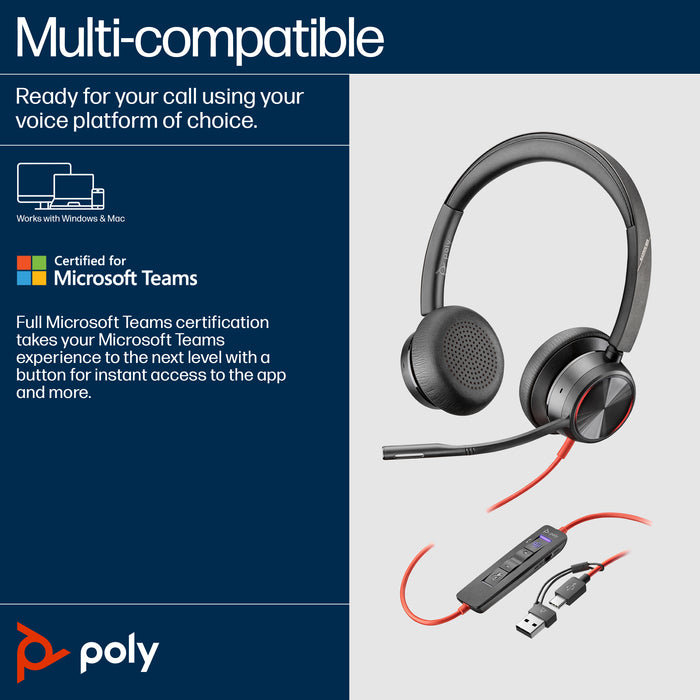HP Poly Blackwire 8225 Stereo Microsoft Teams Certified USB-C Headset +USB-C/A Adapter, Wired, Office/Call center, 186 g, Headset, Black