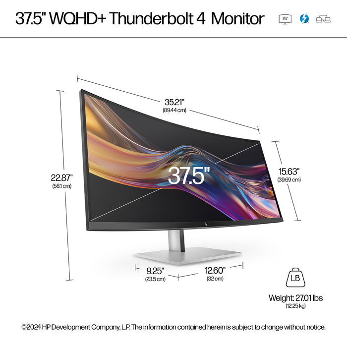 HP Series 7 Pro 37.5 inch WQHD+ Thunderbolt 4 Monitor - 738pu, 95.2 cm (37.5"), 3840 x 1600 pixels, Wide Quad HD+, LCD, 5 ms, Black