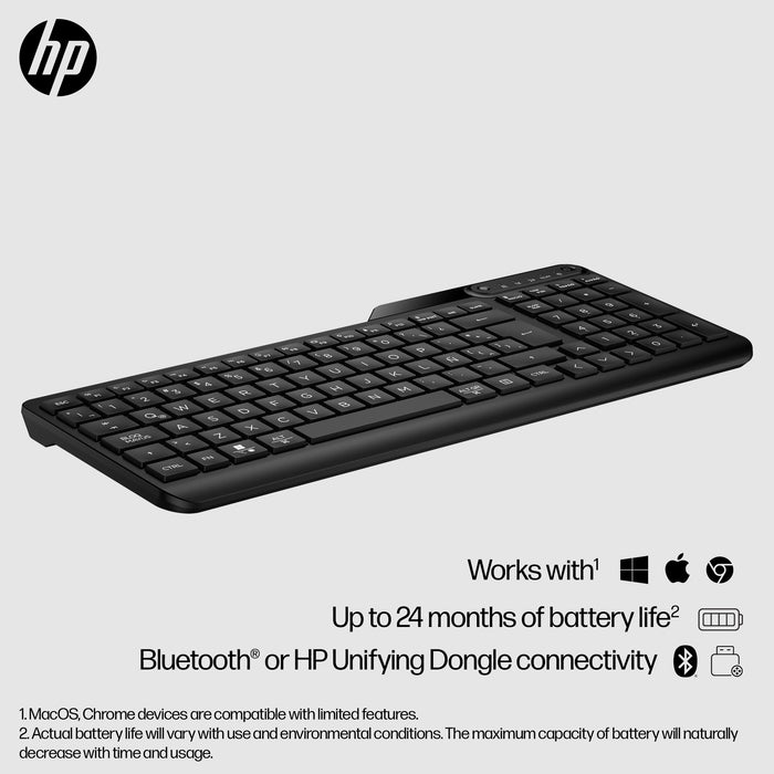 HP 475 Dual-Mode Wireless Keyboard, Full-size (100%), Wireless, RF Wireless + Bluetooth, Membrane, Black