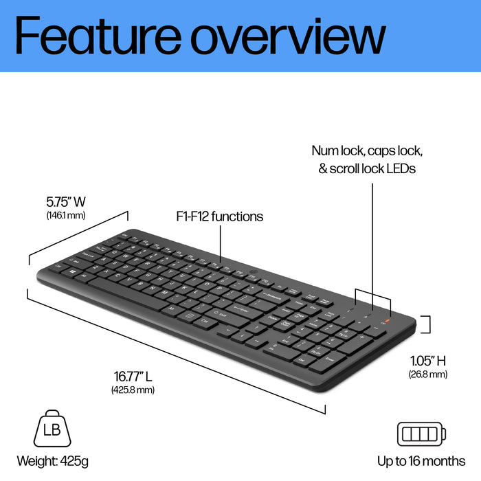 HP 225 Wireless Keyboard, Full-size (100%), Wireless, RF Wireless, Black