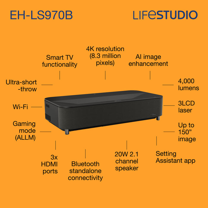 Epson Lifestudio Grand Plus EH-LS970B - Metallic black, 4000 ANSI lumens, 3LCD, UHD 4K (3840x2160), 2000:1, 16:9, 2032 - 3810 mm (80 - 150")