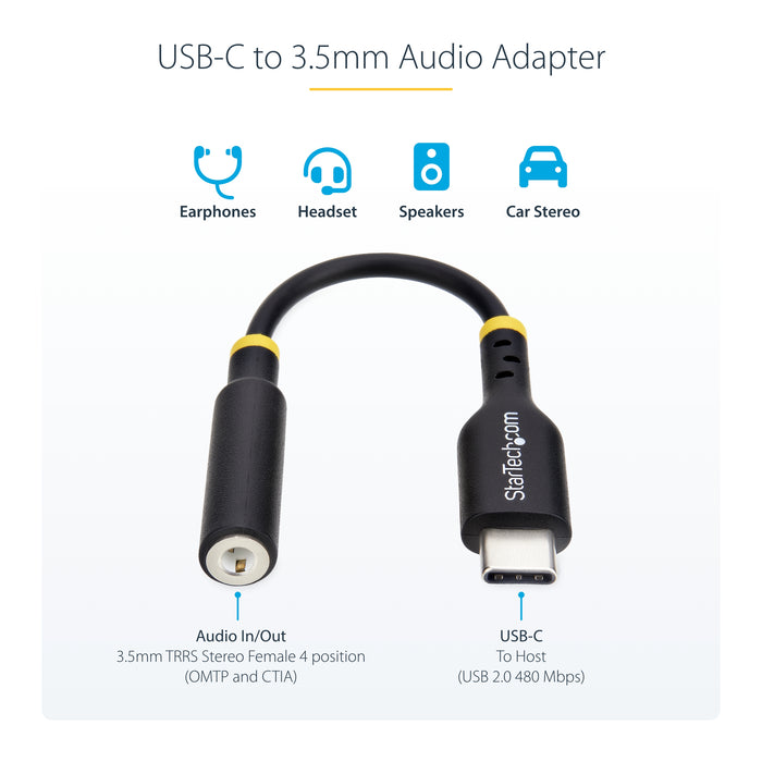 StarTech.com 5in (12.7cm) USB-C to 3.5mm TRRS Headphone/Headset Jack Audio Adapter, USB Type-C Aux Dongle, 32-bit DAC, Supports USB-C/Thunderbolt, Laptop/Phone/Tablet, USB Type-C 2.0, Male, 3.5 mm, Female, 0.127 m, Black