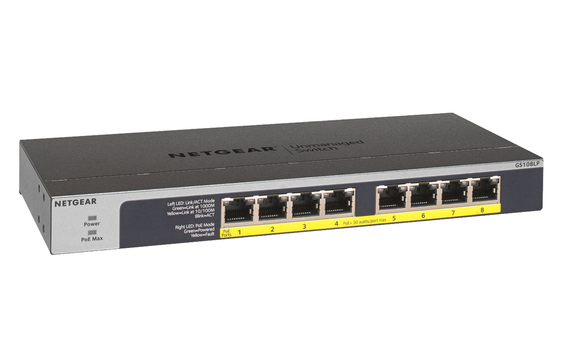 NETGEAR GS108LP, Unmanaged, Gigabit Ethernet (10/100/1000), Power over Ethernet (PoE), Rack mounting, 1U, Wall mountable