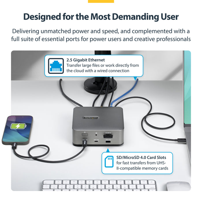 StarTech.com Thunderbolt 5 Universal Docking Station, Multi-Display Hub, 8K 60Hz or 4K 144Hz, 120Gbps Bandwidth Boost, 140W PD, 30W Phone Charging, USB 10Gbps, 2.5G LAN, Wired, Thunderbolt 5, 140 W, 3.5 mm, 10,100,1000,2500 Mbit/s, IEEE 802.3bz