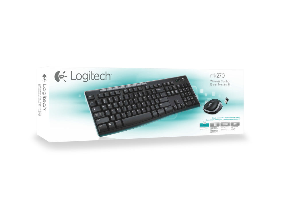 Logitech Wireless Combo MK270, Full-size (100%), Wireless, USB, AZERTY, Black, Mouse included