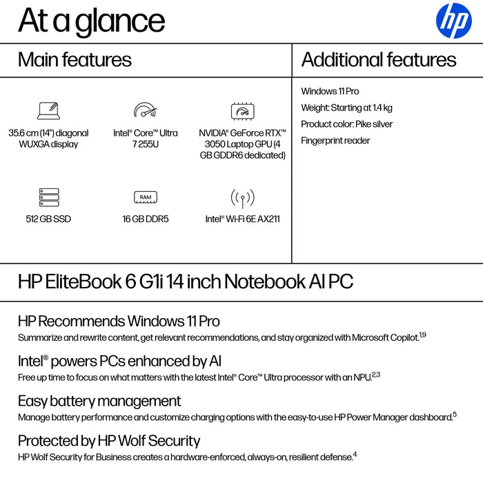HP EliteBook 6 G1i AI, Intel Core Ultra 7, 35.6 cm (14"), 1920 x 1200 pixels, 16 GB, 512 GB, Windows 11 Pro
