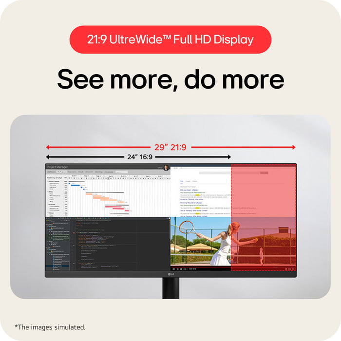 LG UltraWide U5 Monitor (29U511A) - 29-inch 21:9 UltraWide™ WFHD (2560x1080) IPS Display, sRGB 99%, HDR10, 100Hz Refresh Rate, Eye-Care Features, Clutter-free Design, Height Adjustable, 73.7 cm (29"), 2560 x 1080 pixels, WFHD, LCD, 5 ms, Black