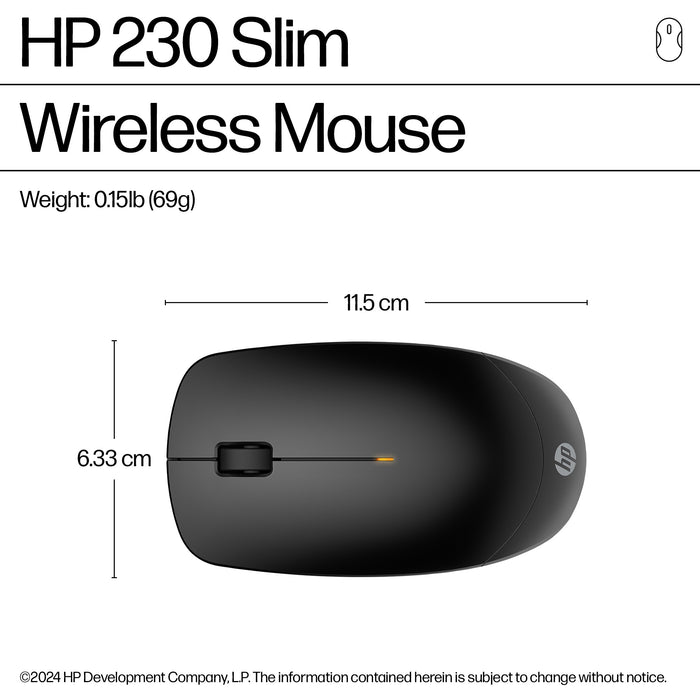 HP 230 Slim Wireless Mouse, Ambidextrous, Optical, RF Wireless, 1600 DPI, Black