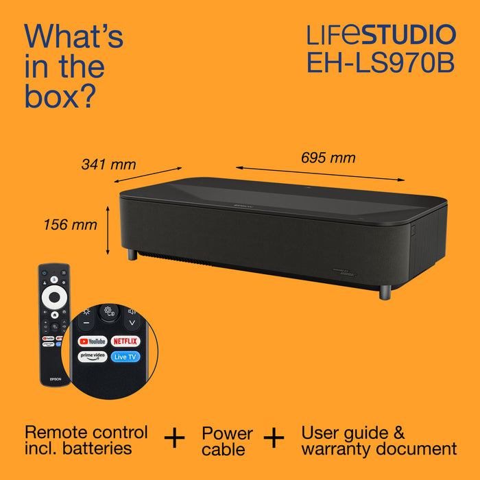 Epson Lifestudio Grand Plus EH-LS970B - Metallic black, 4000 ANSI lumens, 3LCD, UHD 4K (3840x2160), 2000:1, 16:9, 2032 - 3810 mm (80 - 150")