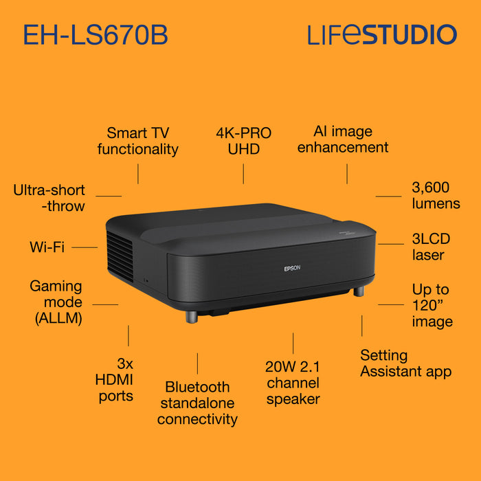 Epson Lifestudio Grand EH-LS670B - Metallic black, 3600 ANSI lumens, 3LCD, UHD 4K (3840x2160), 5000000:1, 16:9, 1524 - 3048 mm (60 - 120")