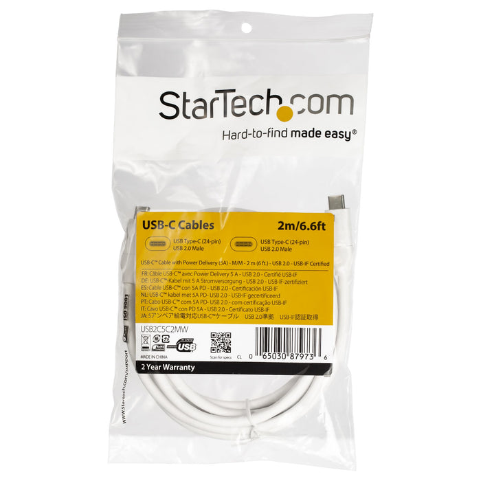 StarTech.com 6.6ft (2m) USB-C Fast Charging Cable, Charge & Sync, 100W (5A) PD, USB 2.0, USB-IF Certified - White USB C Charging Cord, 2 m, USB C, USB C, USB 2.0, 0.48 Gbit/s, White