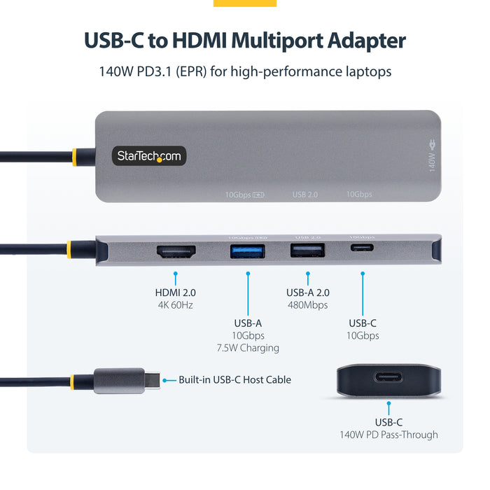 StarTech.com USB-C to HDMI Multiport Adapter with 140W PD Charging, 4K 60Hz, USB 10Gbps Hub, Type-C Mini Dock for MacBook / Dell / Thinkpad / HP, Wired, USB 3.2 Gen 2 (3.1 Gen 2) Type-C, 140 W, Grey, 10 Gbit/s, 4K Ultra HD