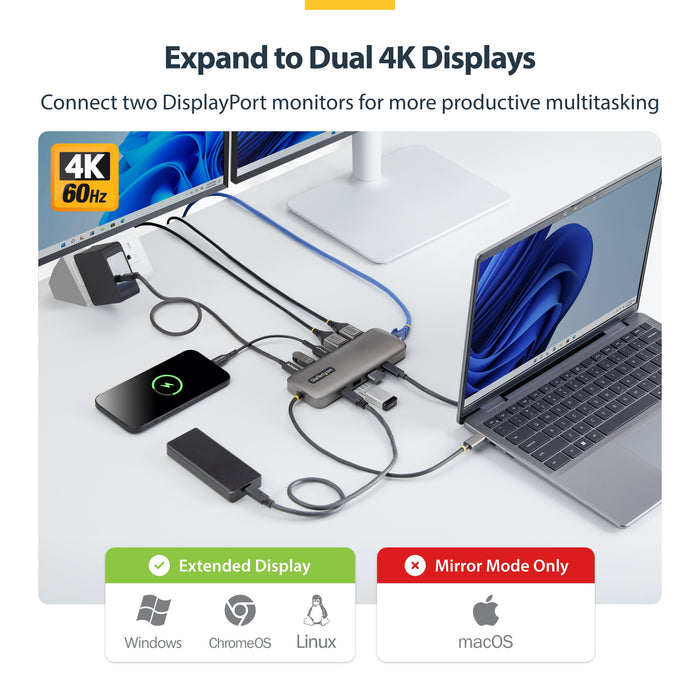 StarTech.com 10-in-1 USB-C to Dual-DisplayPort Multiport Adapter, 100W Power Delivery Charging, 2x 4K 60Hz, 5-Port 5Gbps Hub, Gigabit Ethernet, Type-C Mini Dock, Wired, USB 3.2 Gen 1 (3.1 Gen 1) Type-C, 100 W, 10,100,1000 Mbit/s, Grey, 5 Gbit/s