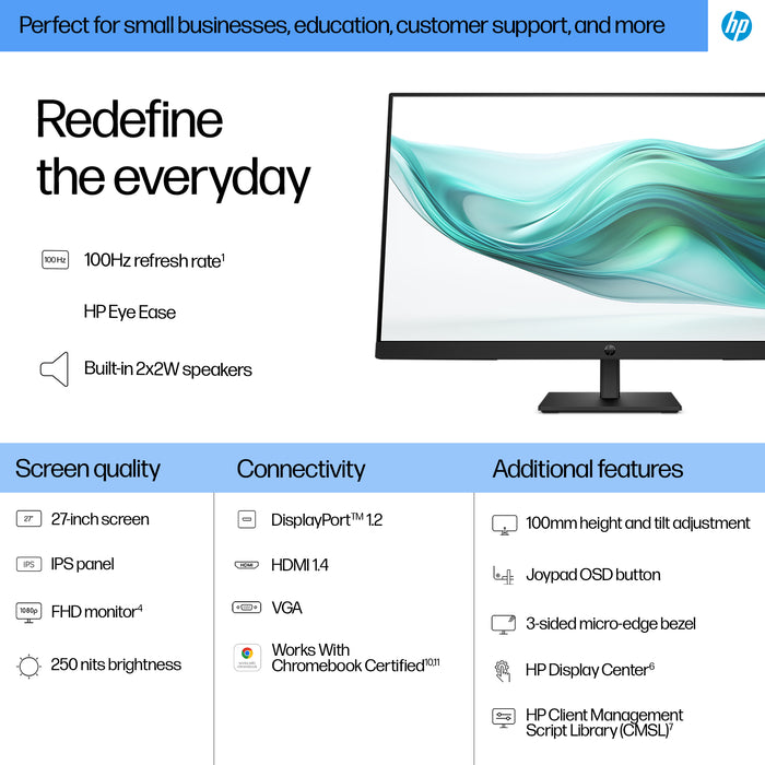 HP Series 3 Pro 27 inch FHD Monitor - 327ph, 68.6 cm (27"), 1920 x 1080 pixels, Full HD, LCD, 5 ms, Black