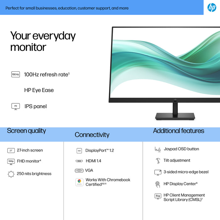 HP Series 3 Pro 27 inch FHD Monitor - 327pf, 68.6 cm (27"), 1920 x 1080 pixels, Full HD, LCD, 5 ms, Black