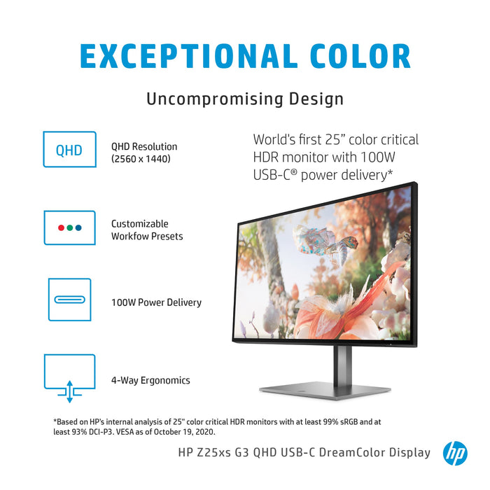 HP Z25xs G3 QHD USB-C DreamColor Display, 63.5 cm (25"), 2560 x 1440 pixels, Quad HD, 14 ms, Grey