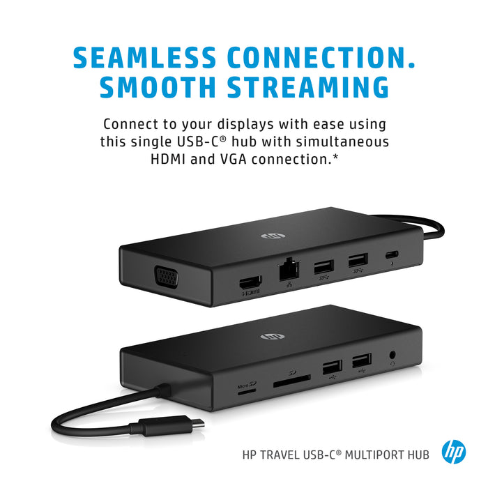 HP Travel USB-C Multi Port Hub, Wired, USB 2.0, Black, MicroSD (TransFlash), SD, China, Compatible with PCs with available USB Type-C port.