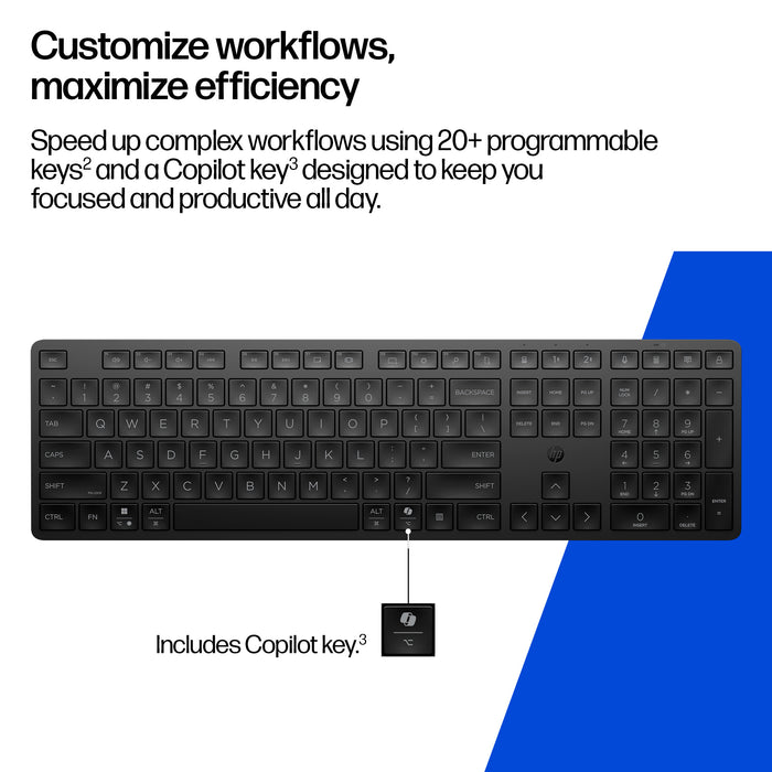 HP 490K Multi-Device Dual-Mode Keyboard, Full-size (100%), Wireless, USB + Bluetooth, Plunger key switch, QWERTY, Black