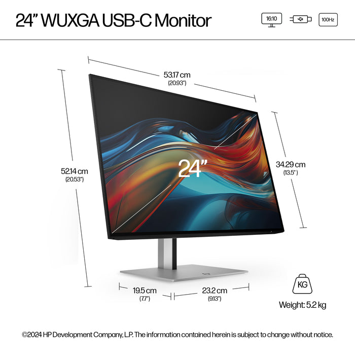 HP Series 7 Pro 24 inch WUXGA USB-C Monitor - 724pu, 61 cm (24"), 1920 x 1200 pixels, WUXGA, LCD, 5 ms, Black, Silver