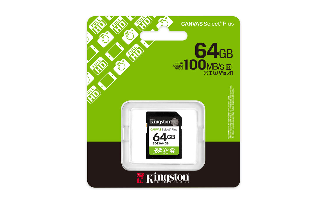 Kingston Technology 64GB SDXC Canvas Select Plus Gen3 100MB/s C10 UHS-I U1 V10, 64 GB, SD, Class 10, UHS-I, 100 MB/s, Class 1 (U1)