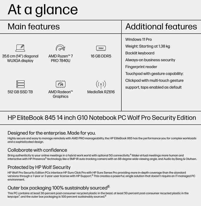 HP EliteBook 845 14 G10, AMD Ryzen™ 7, 3.3 GHz, 35.6 cm (14"), 1920 x 1200 pixels, 16 GB, 512 GB