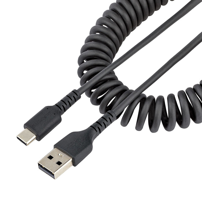 StarTech.com 3.3ft (1m) USB-A to USB-C Fast Charging Cable, Rugged, Coiled, Charge & Sync, 3A, USB 2.0, TPE Jacket and Aramid Fiber - USB Charging Cord, 1 m, USB A, USB C, USB 2.0, 0.48 Gbit/s, Black