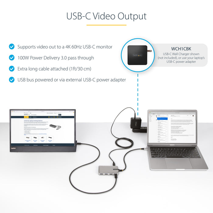 StarTech 4-Port USB-C Hub with USB-C DP Alt Mode Video Output 4K 60Hz - 3x USB-A, 1x USB Type-C, 100W Power Delivery Pass-Through, USB 3.2 10Gbps, 1ft/30cm Cable, Portable USB Hub (HB31C3A1CDPPD3)