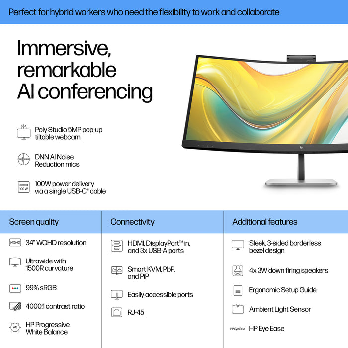 HP Series 5 Pro 34 inch WQHD USB-C Conferencing Monitor - 534pm, 86.4 cm (34"), 3440 x 1440 pixels, Wide Quad HD, LCD, 5 ms, Black