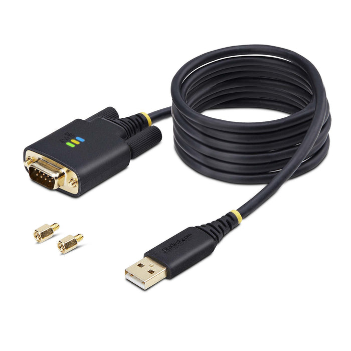 StarTech.com 6.6ft (2m) USB to Serial Adapter Cable, COM Retention, Interchangeable Screws/Nuts, USB-A to DB9 RS232, FTDI IC, ESD Protection, Windows/macOS/Linux, Black, 2 m, USB Type-A, DB-9, Male, Male