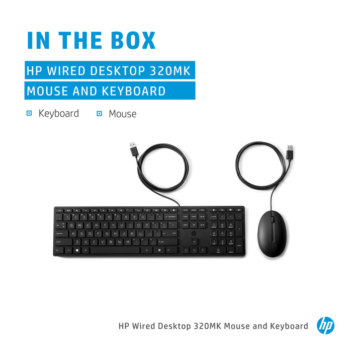 HP Wired Desktop 320MK Mouse and Keyboard, Full-size (100%), Wired, USB, Black, Mouse included