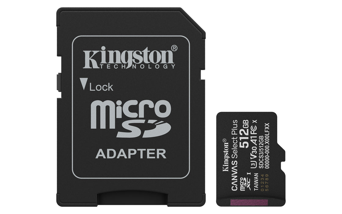 Kingston Technology 512GB microSDXC Canvas Select Plus Gen3 150MB/s A1 Card + Adapter, 512 GB, MicroSDXC, Class 10, UHS-I, 150 MB/s, Class 3 (U3)