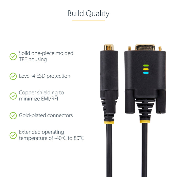 StarTech.com 3.3ft (1m) USB to Serial Adapter Cable, COM Retention, Interchangeable Screws/Nuts, USB-A to DB9 RS232, FTDI IC, ESD Protection, Windows/macOS/Linux, Black, 1 m, USB Type-A, RS-232, Male, Male