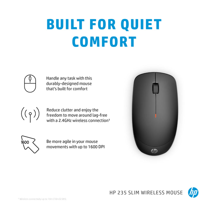 HP 235 Slim Wireless Mouse, Ambidextrous, Optical, RF Wireless, 1600 DPI, Black
