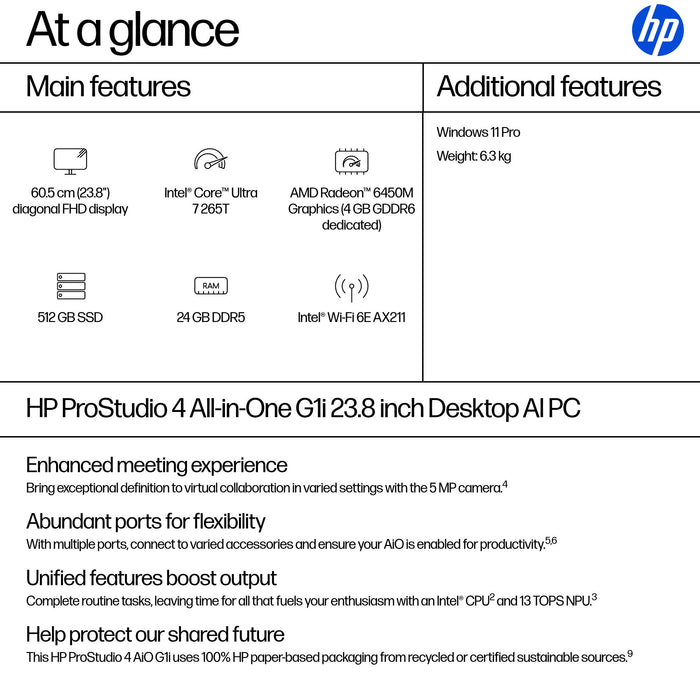 HP ProStudio 4 All-in-One G1i 23.8 inch Desktop AI PC, 60.5 cm (23.8"), Full HD, Intel Core Ultra 7, 24 GB, DDR5-SDRAM, Windows 11 Pro