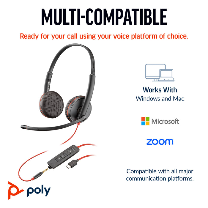 HP Poly Blackwire 3225 Stereo USB-C Headset +3.5mm Plug +USB-C/A Adapter, Wired, Office/Call center, 200 - 6800 Hz, 119 g, Headset, Black