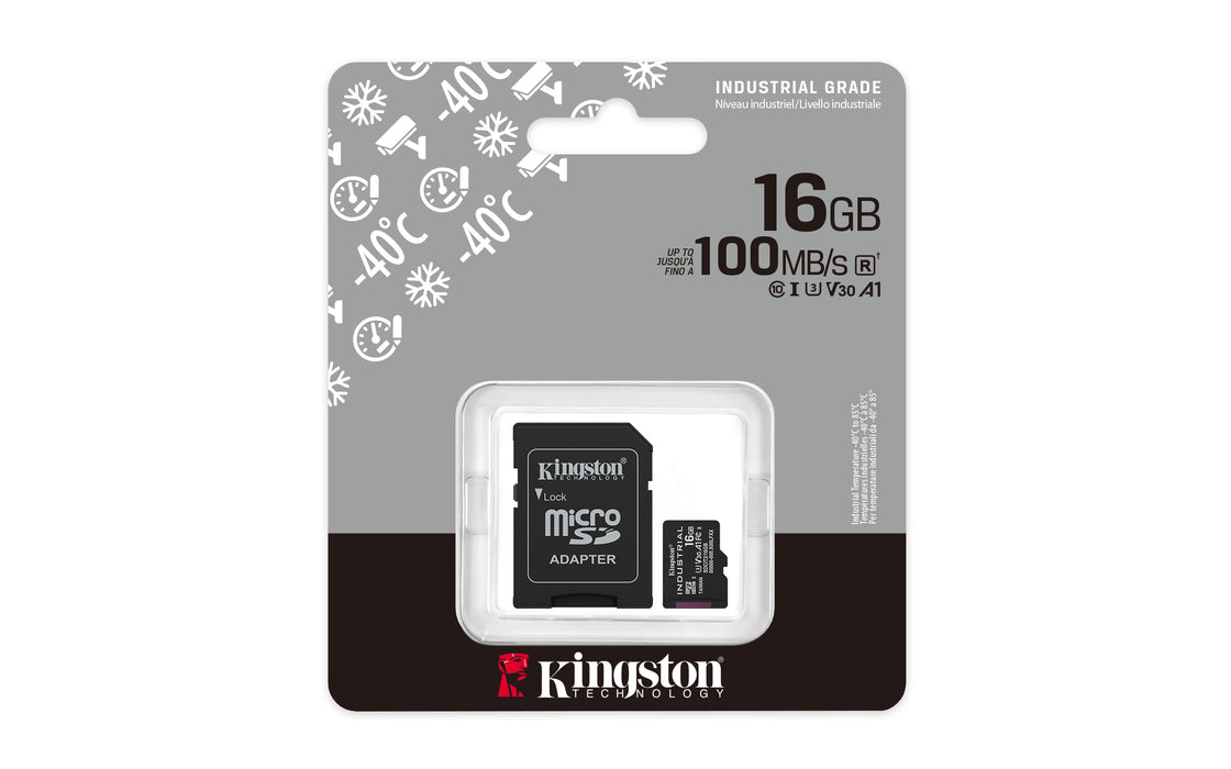 Kingston Technology 16GB microSDHC Industrial C10 A1 pSLC Card + SD Adapter, 16 GB, MicroSDHC, Class 10, UHS-I, 100 MB/s, 80 MB/s