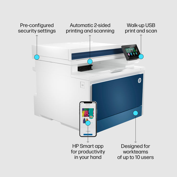 HP Color LaserJet Pro LaserJet Pro 4302fdn Multifunction Color Printer, Ethernet Only; Copier, Scanner, Laser, Colour printing, 600 x 600 DPI, A4, Direct printing, Blue, White