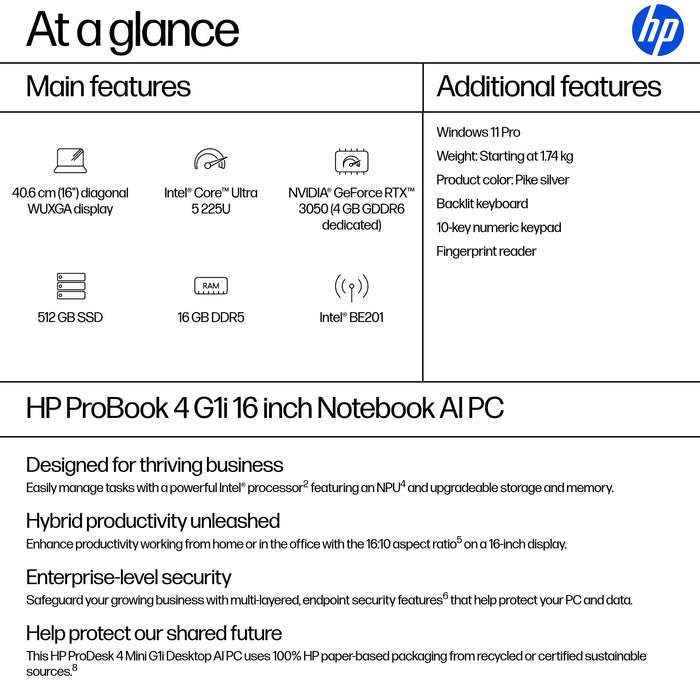 HP ProBook 4 G1i AI PC, Intel Core Ultra 5, 40.6 cm (16"), 1920 x 1200 pixels, 16 GB, 512 GB, Windows 11 Pro