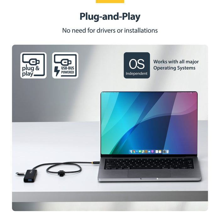 StarTech USB-C 4-Port Hub, SuperSpeed 5Gbps, 4 × USB-A Adapter, Bus-Powered Portable Hub with Extra Long 2 ft Cable, Plug-and-Play for MacBook, Dell, Chromebook, PC & Peripheral Devices