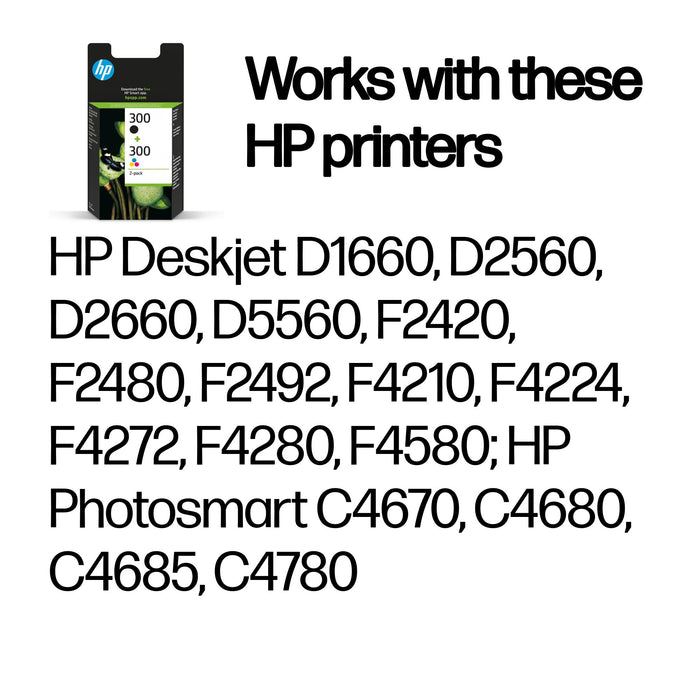 HP 300 2-pack Black/Tri-color Original Ink Cartridges, Standard Yield, Black, Cyan, Magenta, Yellow, Pigment-based ink, Dye-based ink, 2 pc(s), 200 pages