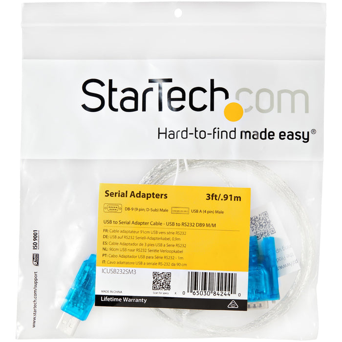 StarTech.com 3ft (91cm) 1-Port USB to RS232 DB9 Serial Adapter Cable, USB to Serial Adapter Cable - M/M, DB-9, USB 2.0 A, 0.9 m, Blue, Transparent
