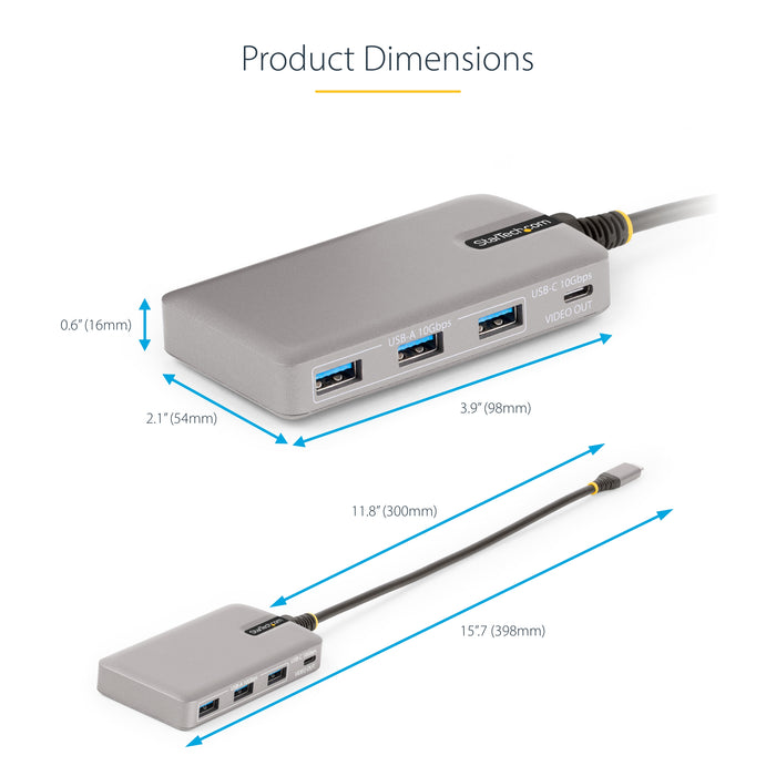 StarTech 4-Port USB-C Hub with USB-C DP Alt Mode Video Output 4K 60Hz - 3x USB-A, 1x USB Type-C, 100W Power Delivery Pass-Through, USB 3.2 10Gbps, 1ft/30cm Cable, Portable USB Hub (HB31C3A1CDPPD3)