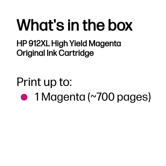 HP 912XL High Yield Magenta Original Ink Cartridge, High (XL) Yield, Magenta, Pigment-based ink, 9 ml, 1 pc(s), Single pack