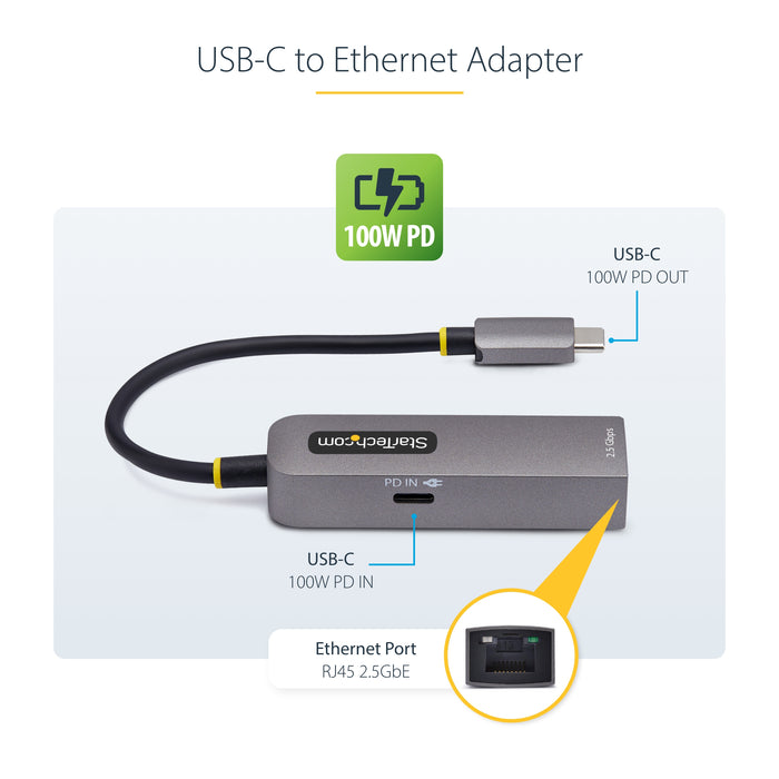 StarTech.com 2.5GbE USB-C to Ethernet Adapter, 100W PD Pass-Through, NBASE-T NIC, USB 3.0 Type-C 2.5/1G Multi Speed Network, Thunderbolt Compatible, Windows & Mac, Wired, USB Type-C, Ethernet, 5000 Mbit/s, Grey