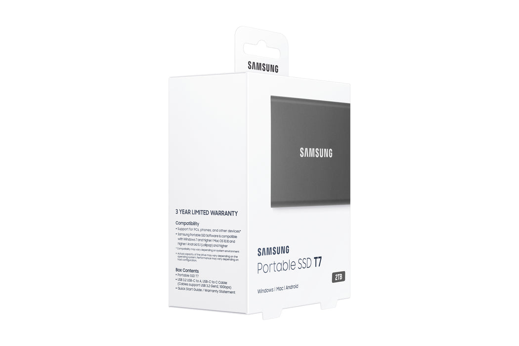 Samsung Portable SSD T7, 2 TB, USB Type-C, 3.2 Gen 2 (3.1 Gen 2), 1050 MB/s, Password protection, Grey