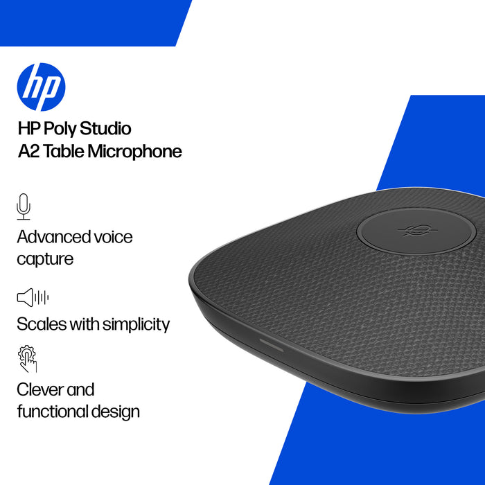 HP Poly Studio A2, Black, 6 m, Compatible with: Poly Studio G62: up to 8 Studio A2 table microphones; Poly Studio X72 & V72: up..., -35 dB, Wired, 92 mm