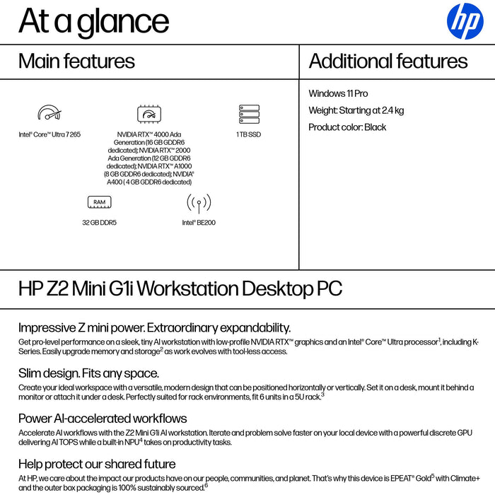 HP Z2 G1i, Intel Core Ultra 7, 265, 32 GB, DDR5-SDRAM, 1 TB, Windows 11 Pro