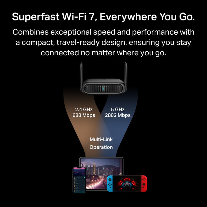 TP-Link BE3600 Wi-Fi 7, Wi-Fi 7 (802.11be), Dual-band (2.4 GHz / 5 GHz), Ethernet LAN, Black, Portable router